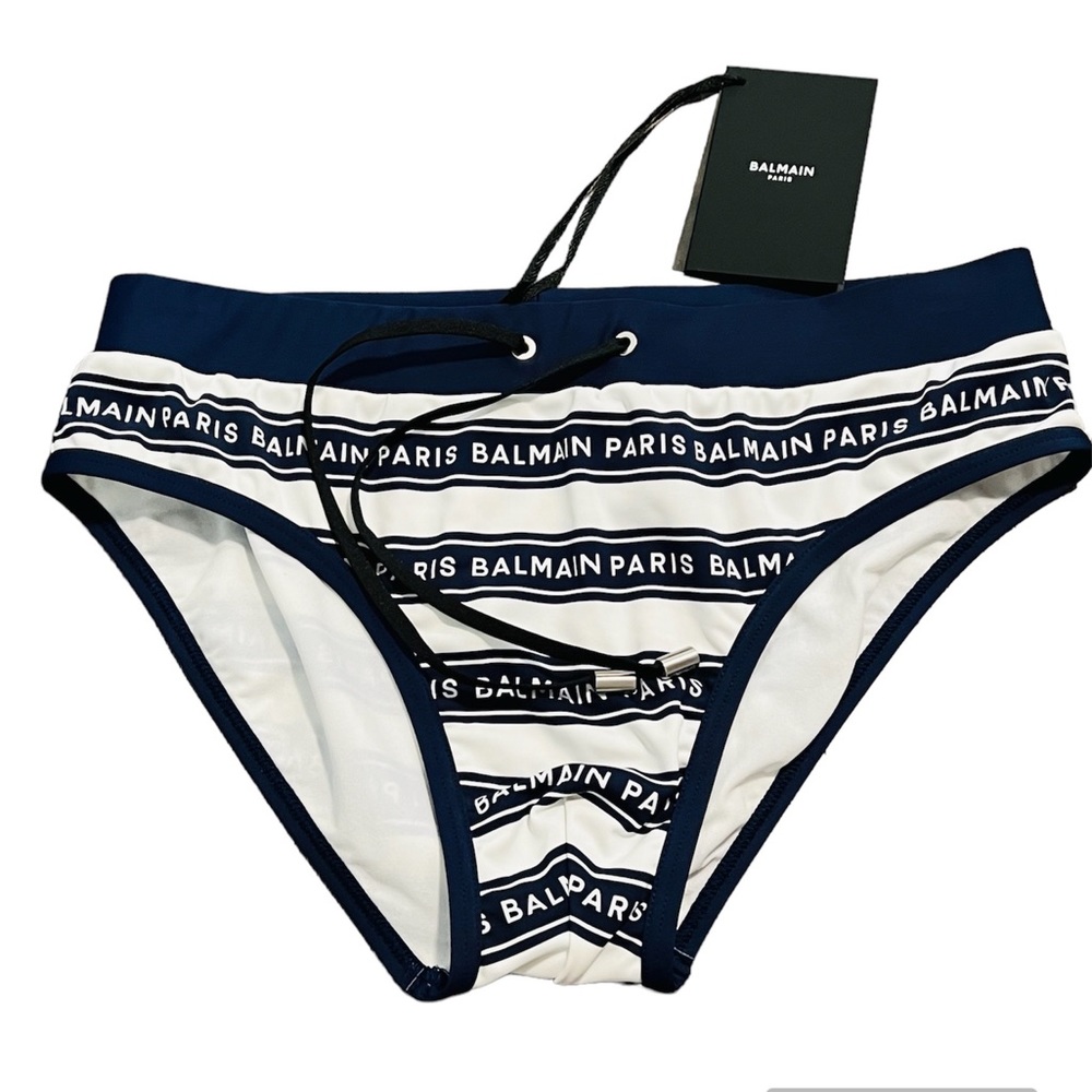 BALMAIN**Men’s Navy/White Logo Swim Briefs***Med. $385